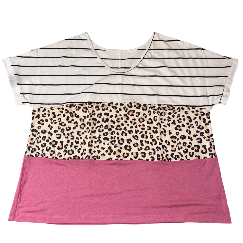 Boutique Colorblock Top 2X Pink Leopard Striped Short Sleeve Scoop‎ Neck Tee